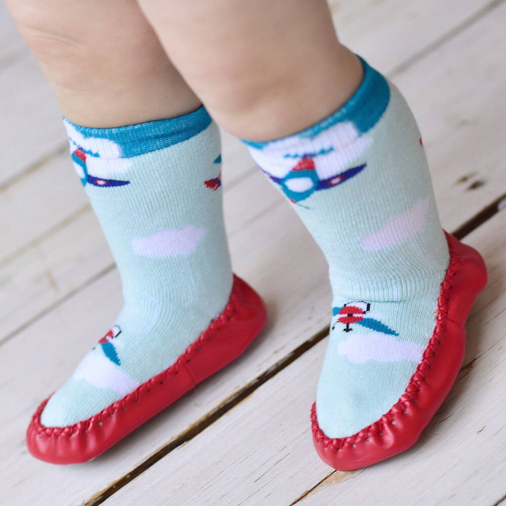 Powell Craft-Boys Blue Aeroplane Slipper Socks | Childrensalon Outlet