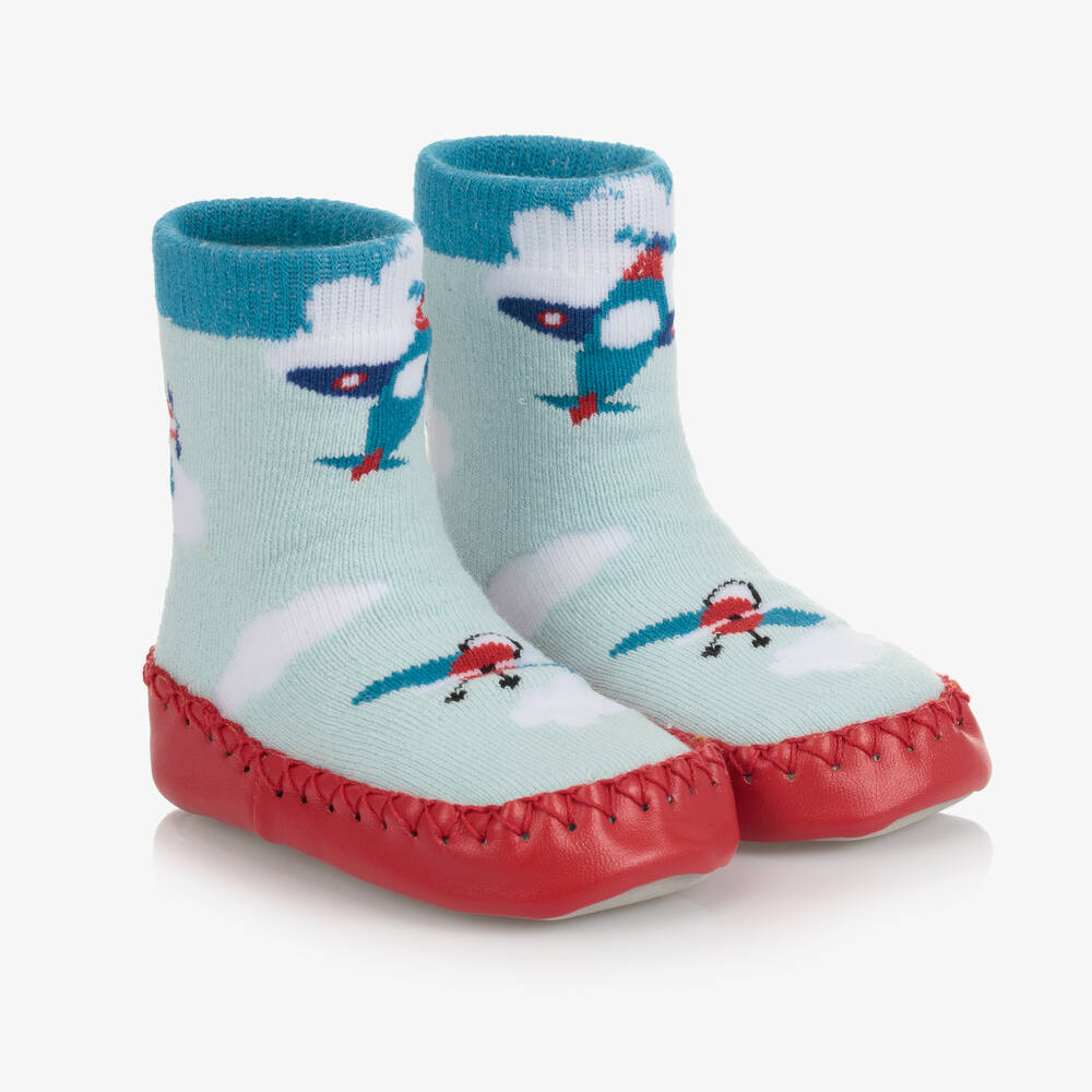 Powell Craft - Boys Blue Aeroplane Slipper Socks | Childrensalon