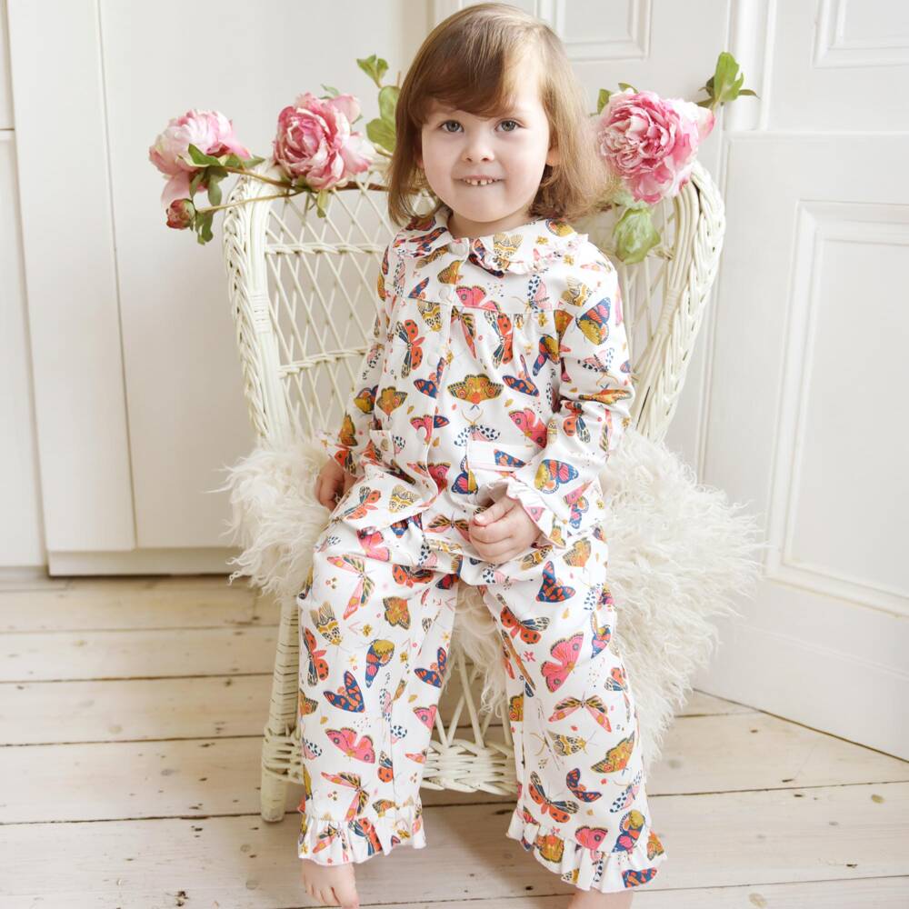Powell Craft-Girls Ivory & Pink Butterfly Pyjamas | Childrensalon Outlet