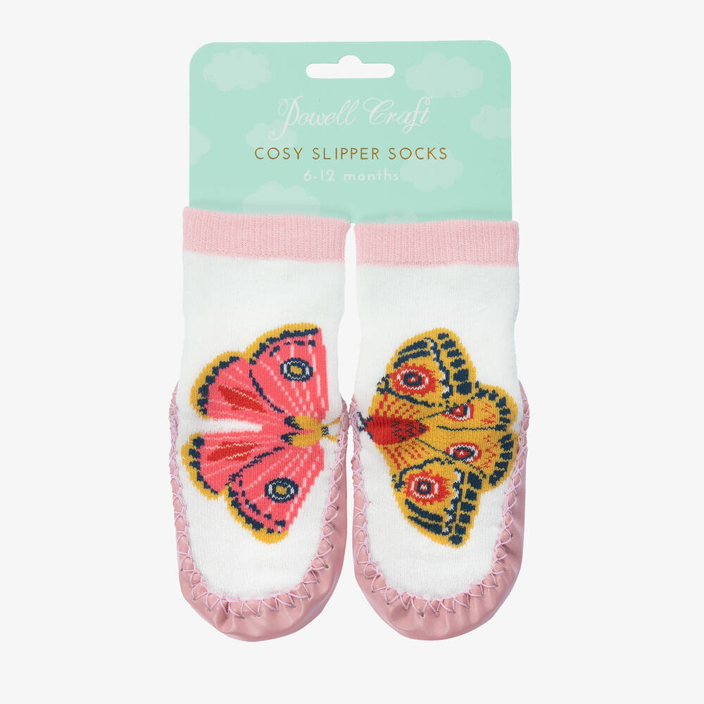 Powell Craft-Бело-розовые тапочки-носки с бабочками | Childrensalon Outlet