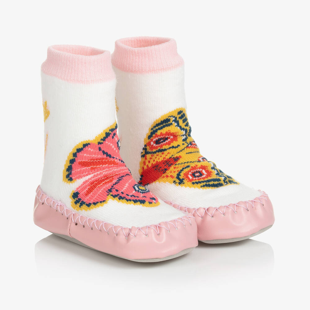 Powell Craft-Бело-розовые тапочки-носки с бабочками | Childrensalon Outlet
