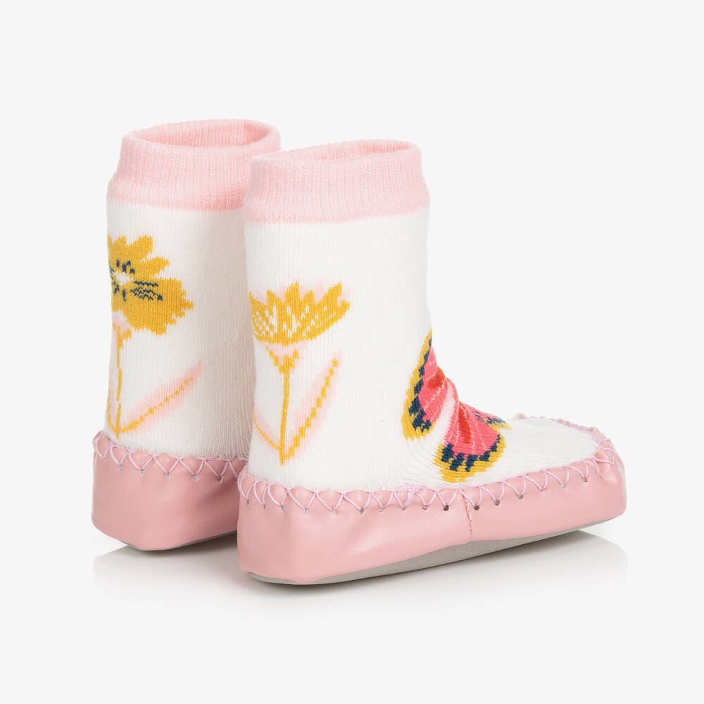 Powell Craft-Бело-розовые тапочки-носки с бабочками | Childrensalon Outlet