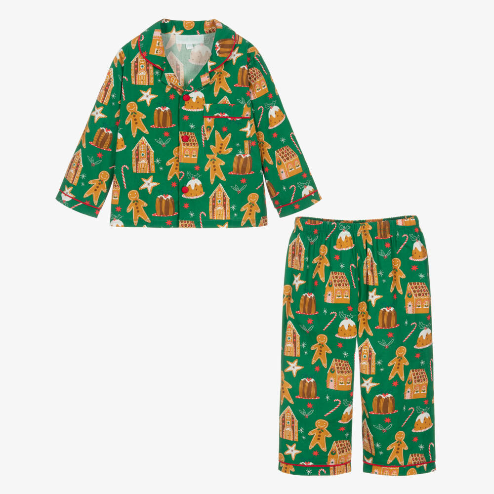 Powell Craft-Green Cotton Gingerbread Print Pyjamas | Childrensalon Outlet