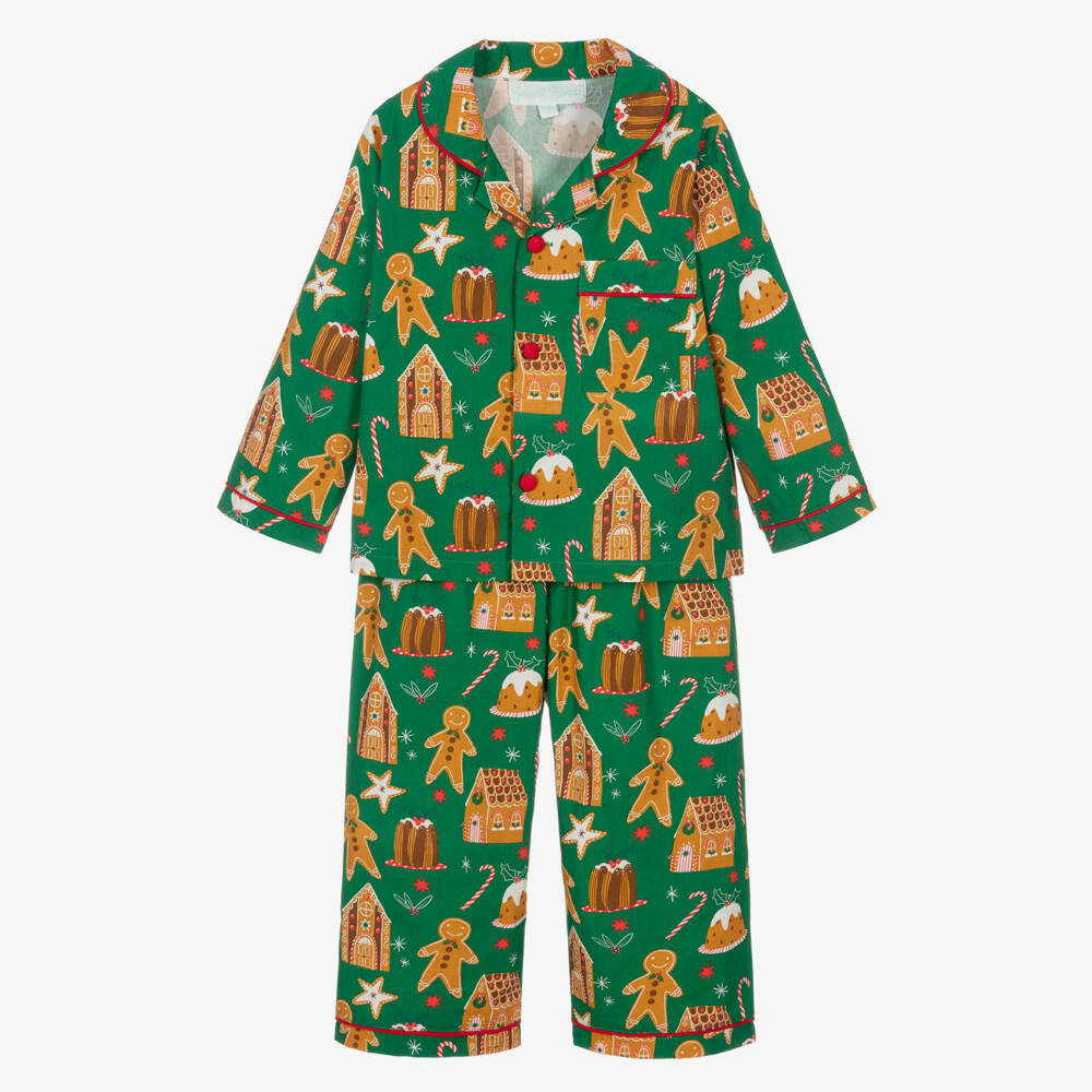 Powell Craft-Green Cotton Gingerbread Print Pyjamas | Childrensalon Outlet