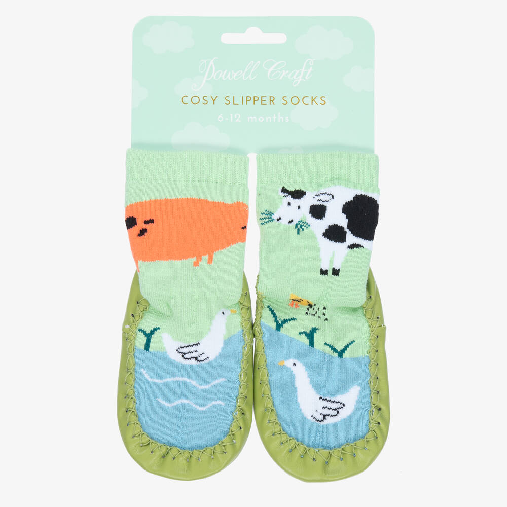 Powell Craft-Green Farm Animal Slipper Socks | Childrensalon Outlet
