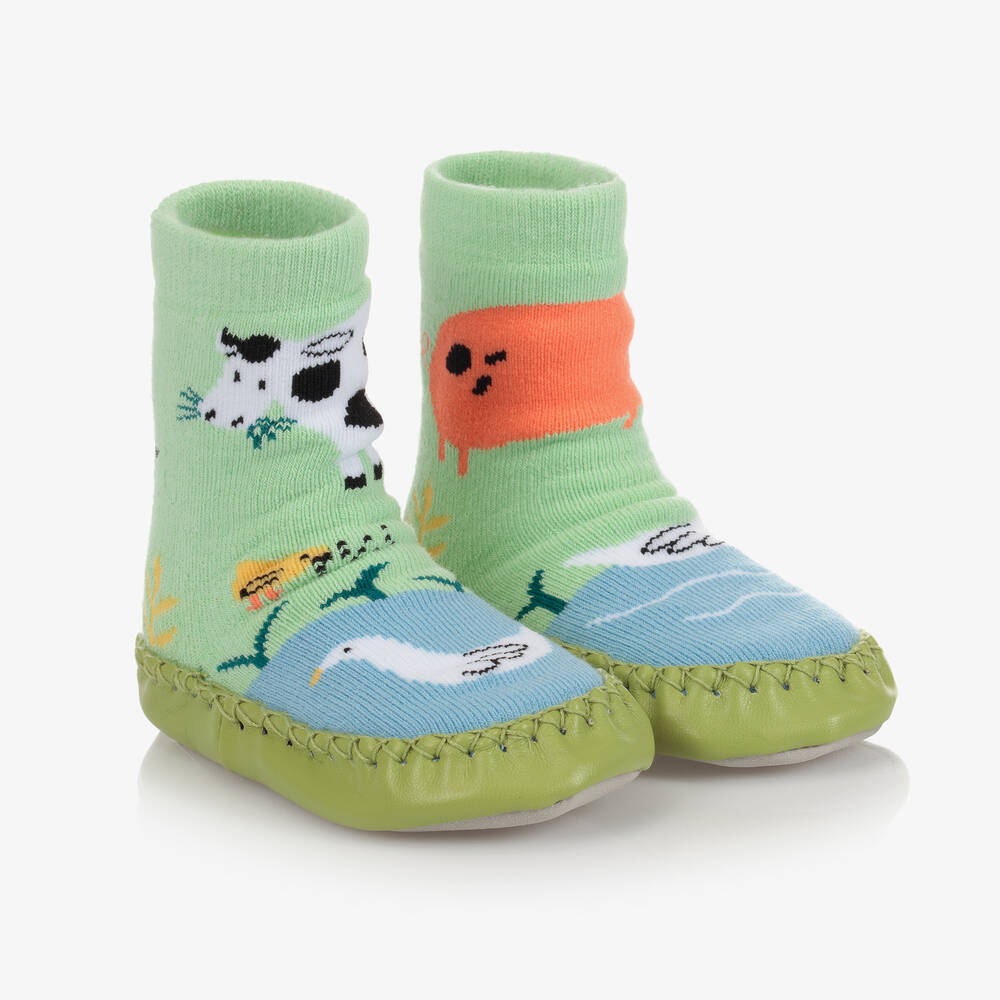 Powell Craft - Зеленые носки-тапочки с принтом фермы | Childrensalon