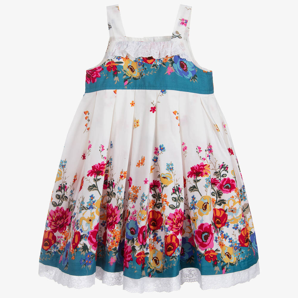 Powell Craft - فستان قطن لون أبيض بطبعة وورود | Childrensalon