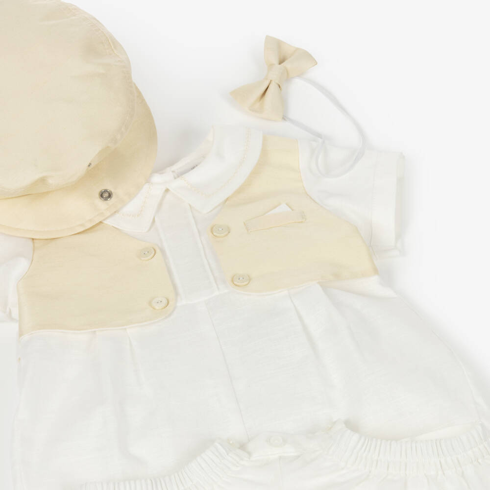 Pretty Originals-Baby Boys Ivory & Beige Shortie & Hat Set | Childrensalon Outlet