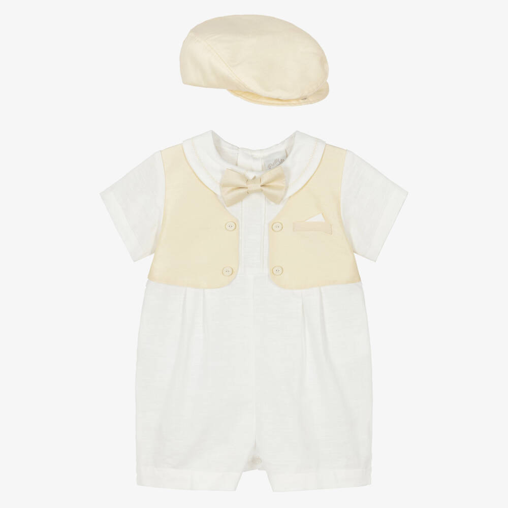 Pretty Originals-Baby Boys Ivory & Beige Shortie & Hat Set | Childrensalon Outlet