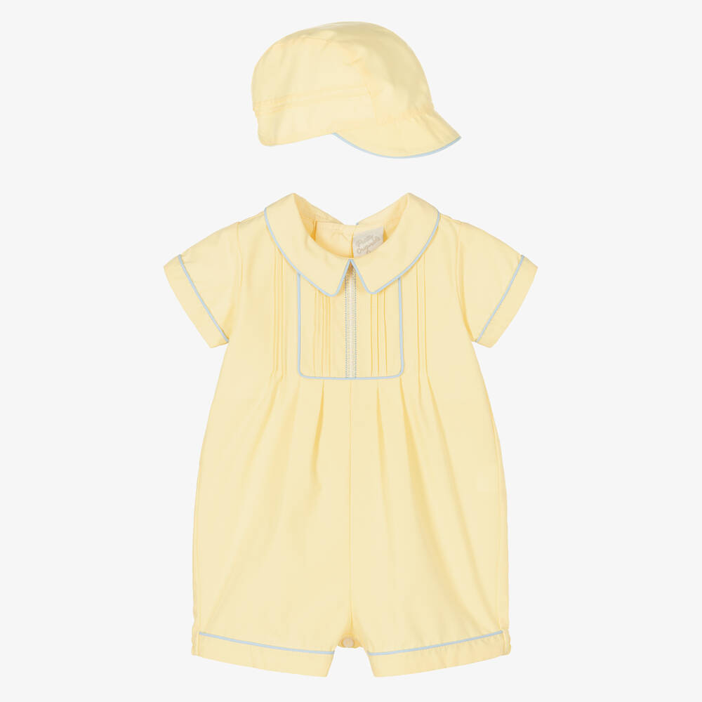 Pretty Originals-طقم تبّان وقبعة قطن تويل لون أصفر للمواليد | Childrensalon Outlet