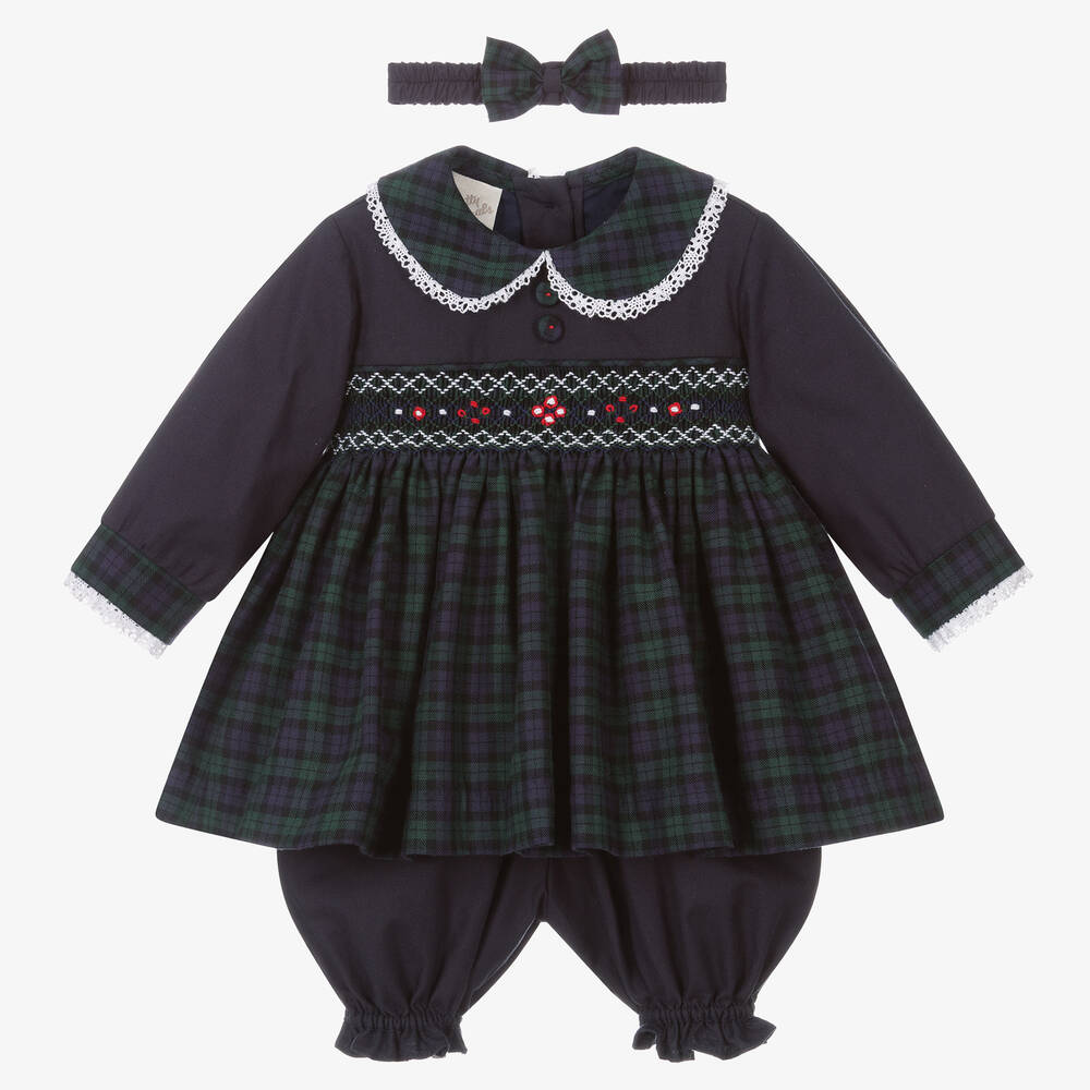 Pretty Originals - Baby Girls Blue Tartan Smocked Dress Set | Childrensalon
