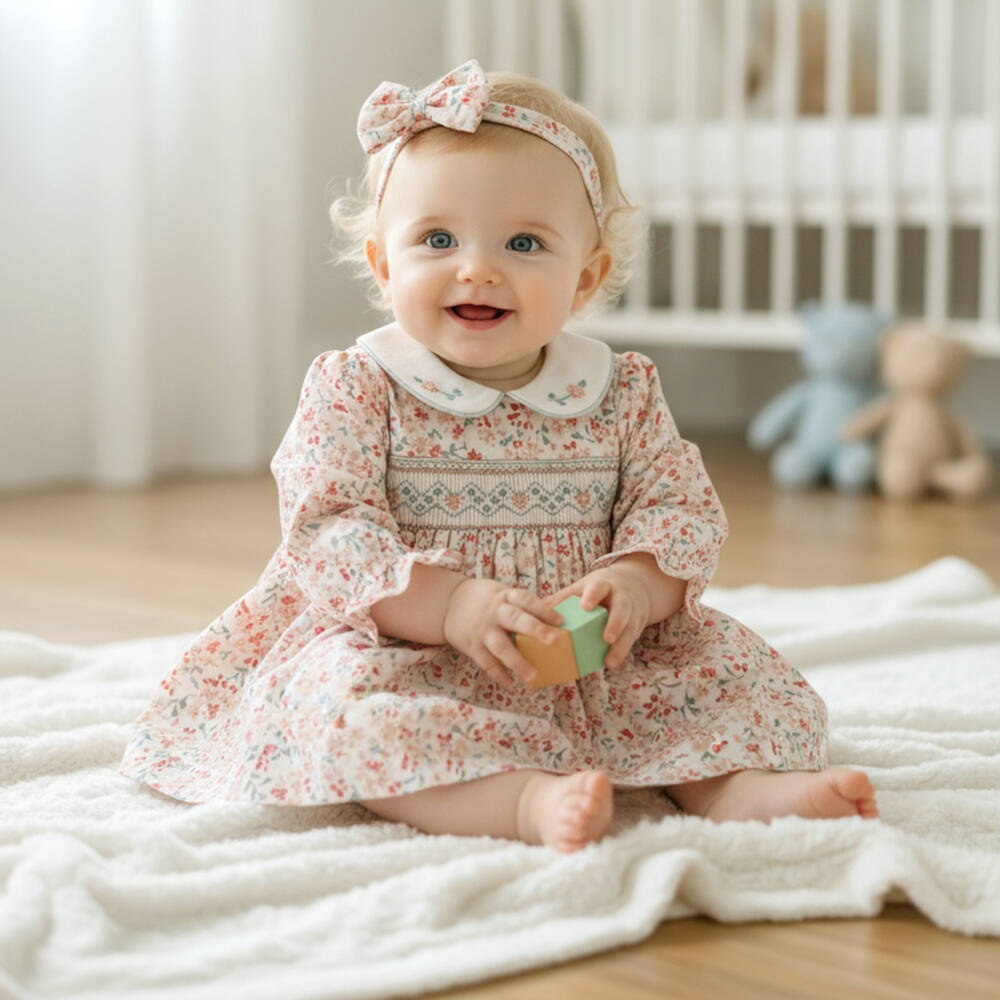 Pretty Originals-Baby Girls Ivory & Peach Pink Floral Dress Set | Childrensalon Outlet