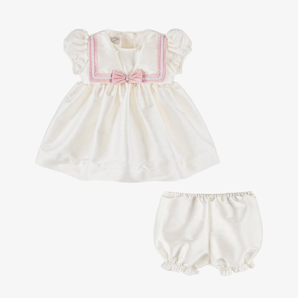 Pretty Originals-Baby Girls Ivory & Pink Bow Dress Set | Childrensalon Outlet