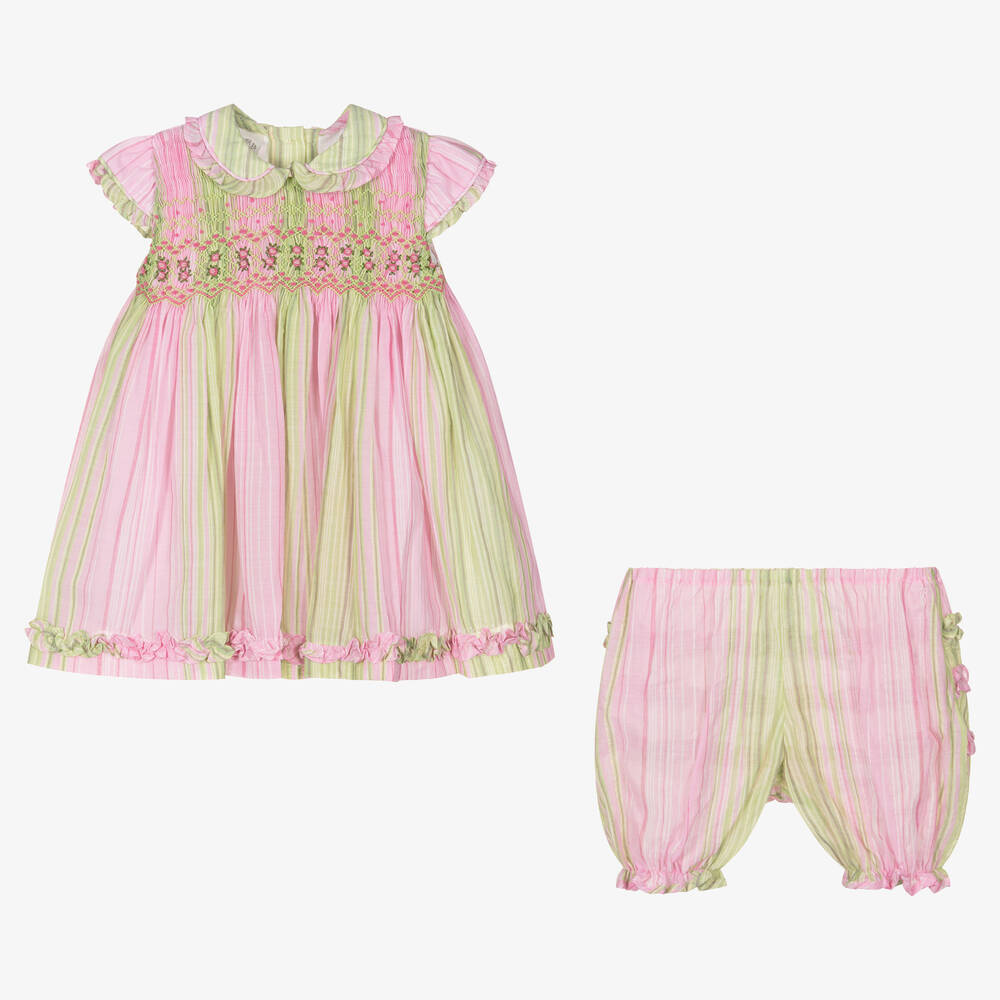 Pretty Originals-Baby Girls Pink & Green Cotton Dress Set | Childrensalon Outlet