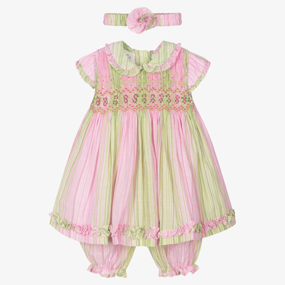 Pretty Originals - Baby Girls Pink & Green Cotton Dress Set | Childrensalon