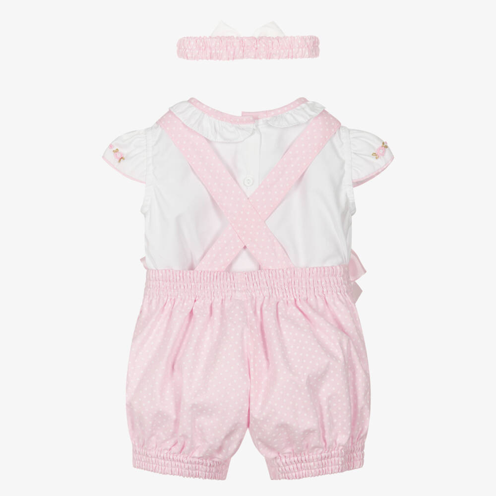 Pretty Originals-Baby Girls Pink Polka Dot Dungaree Shorts Set | Childrensalon Outlet