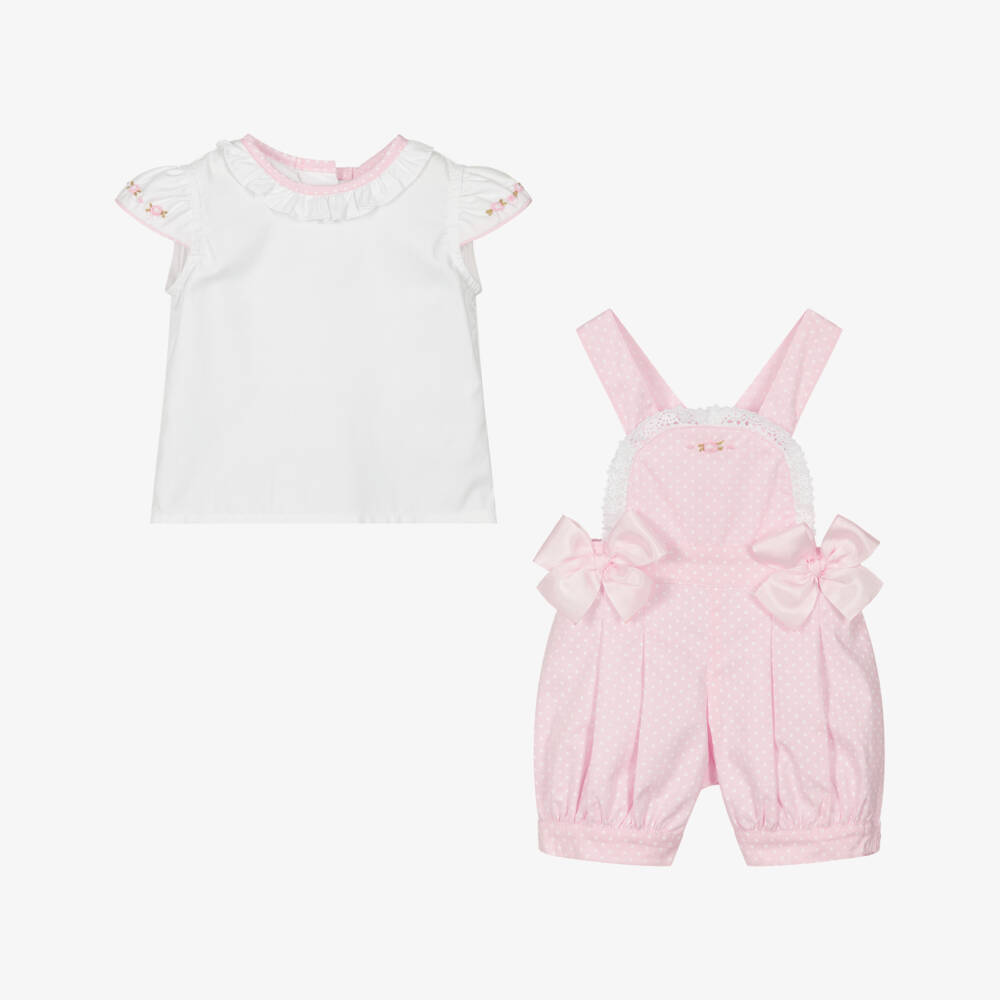 Pretty Originals-Baby Girls Pink Polka Dot Dungaree Shorts Set | Childrensalon Outlet
