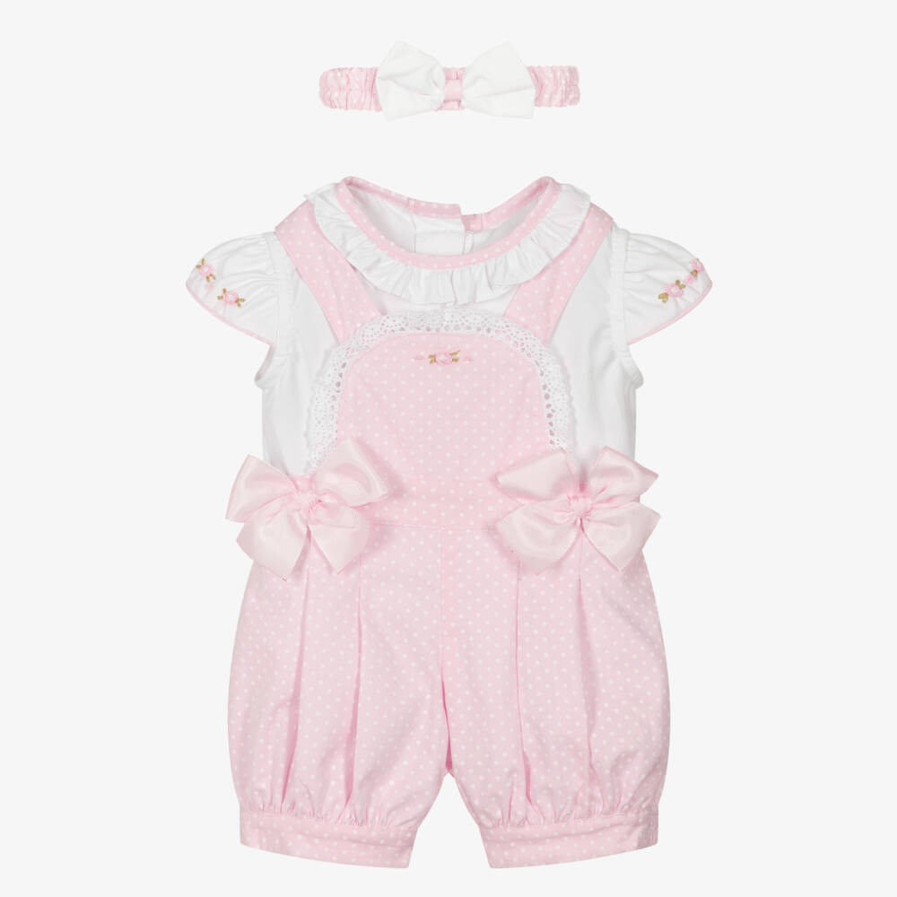 Pretty Originals-Baby Girls Pink Polka Dot Dungaree Shorts Set | Childrensalon Outlet