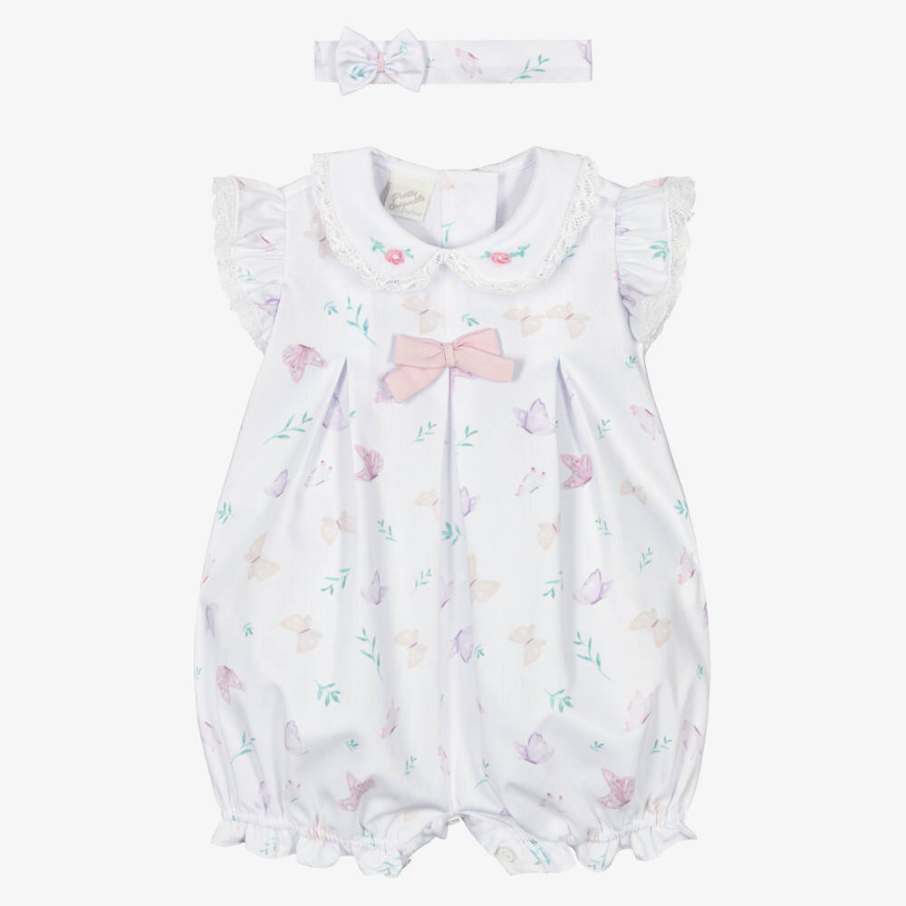 Pretty Originals-Baby Girls White Butterfly Print Shortie & Headband Set | Childrensalon Outlet