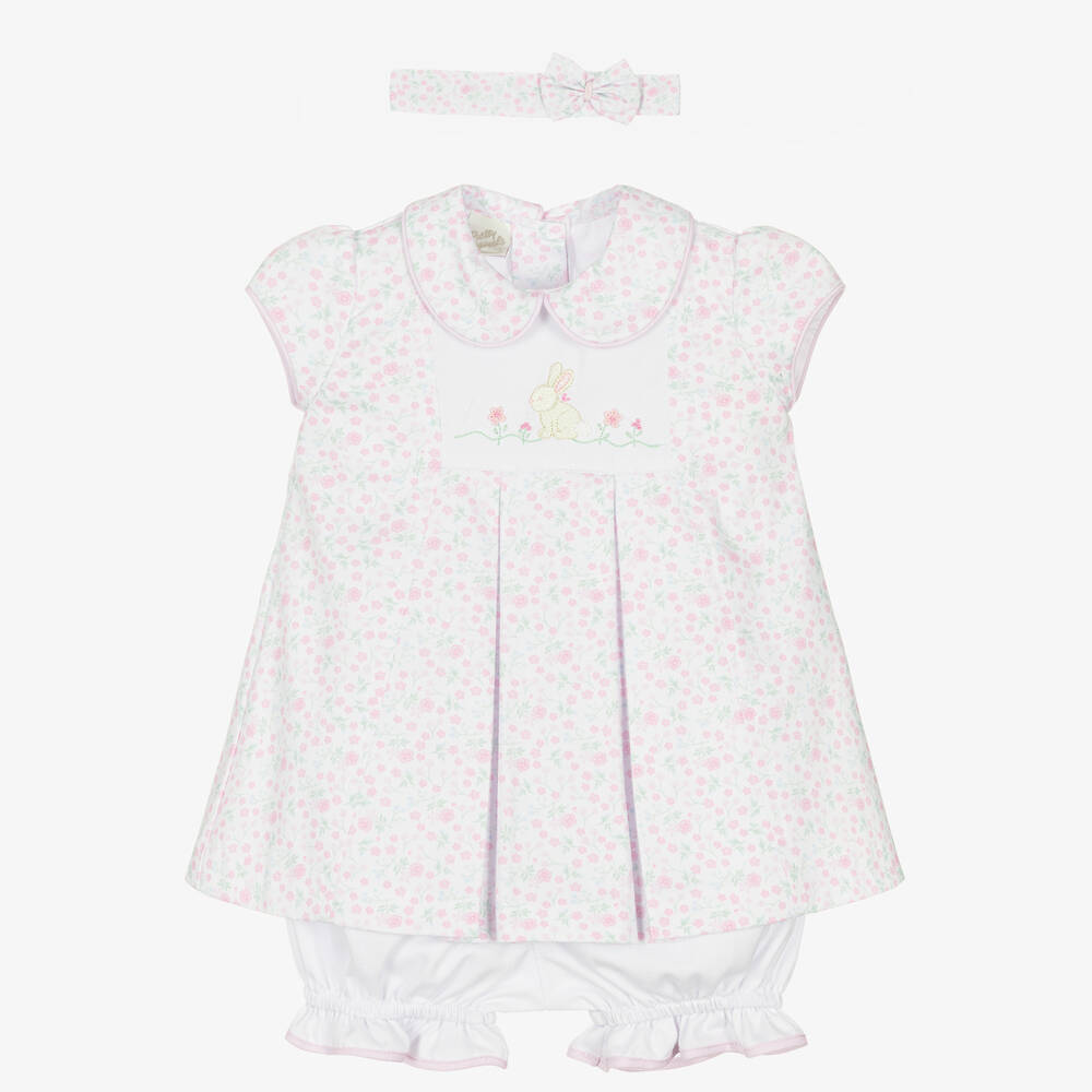 Pretty Originals-Baby Girls White & Pink Cotton Dress Set | Childrensalon Outlet