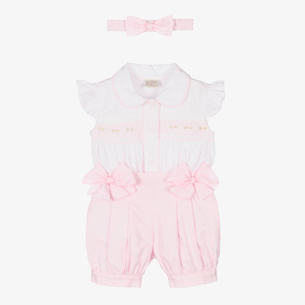 Pretty Originals - Baby Girls White & Pink Shorts Set | Childrensalon