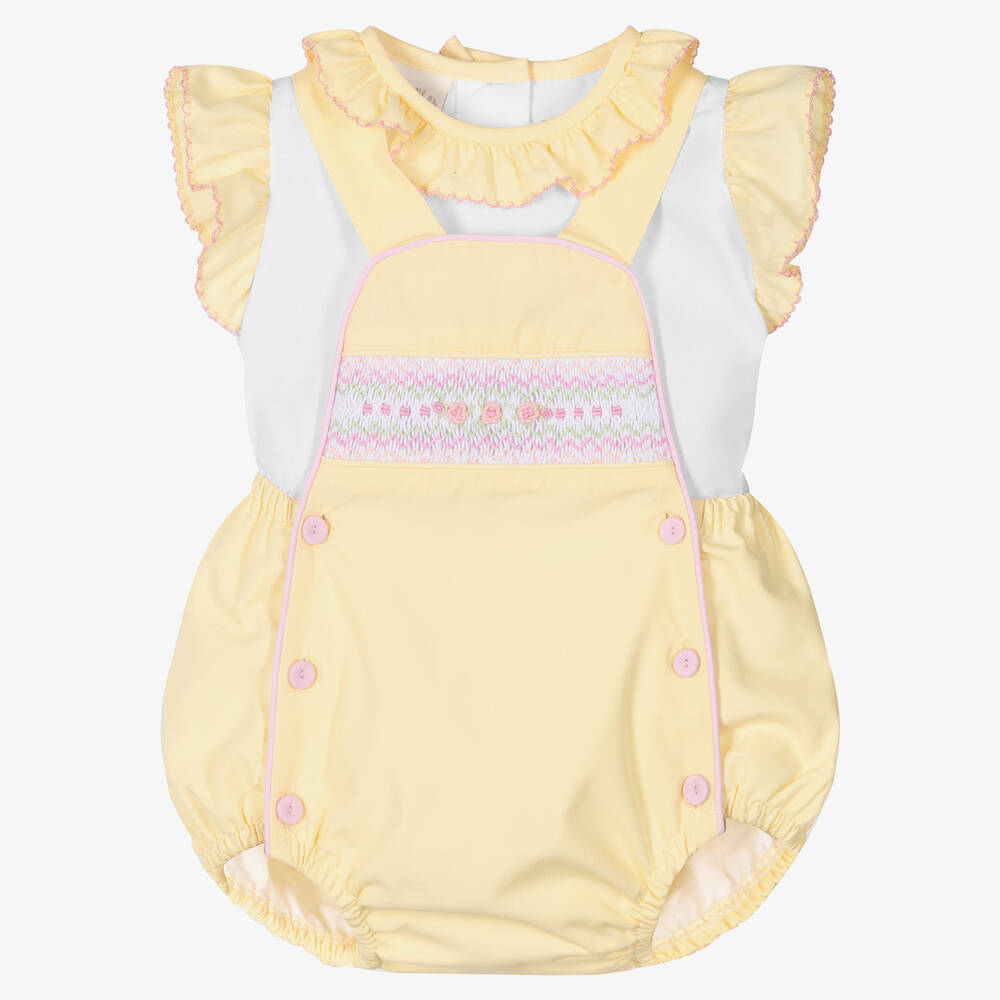 Pretty Originals-Baby Girls White & Yellow Dungaree Set | Childrensalon Outlet