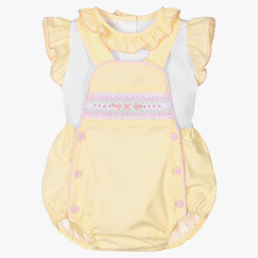 Pretty Originals - Baby Girls White & Yellow Dungaree Set | Childrensalon