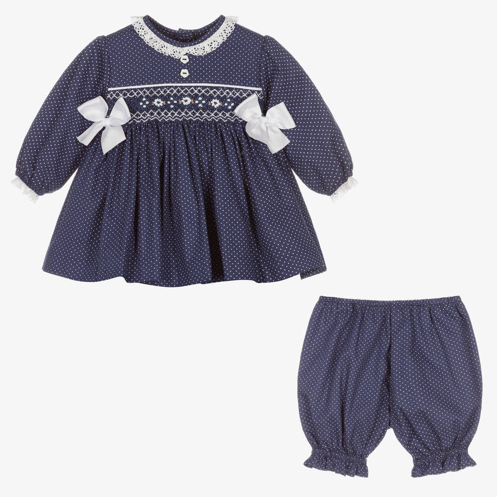 بريتي أوريجينال-طقم فستان قطن مطرز سموكينغ لون كحلي | Childrensalon Outlet