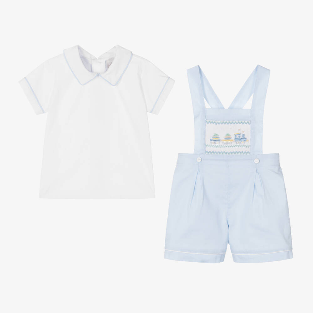 Pretty Originals-Boys Blue Cotton Dungaree Shorts Set | Childrensalon Outlet