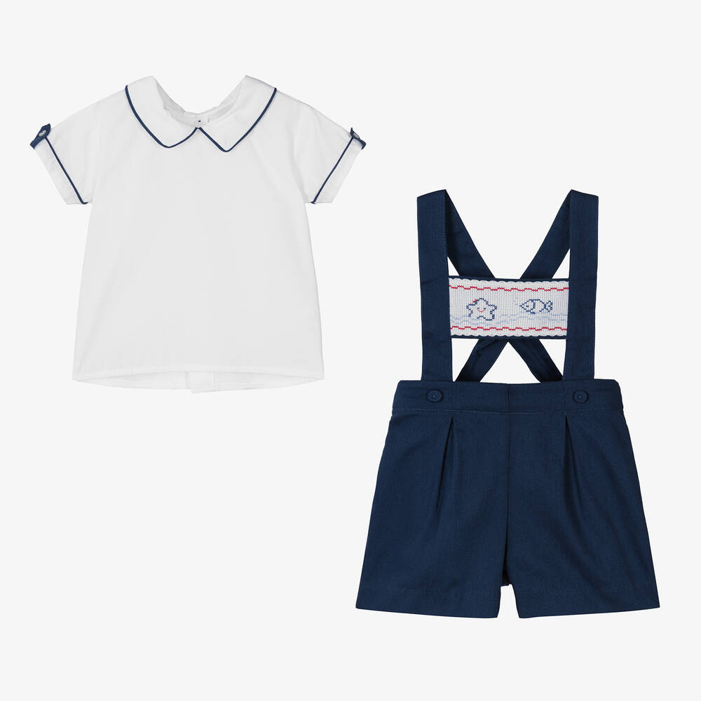 Pretty Originals-Boys Blue Cotton Dungaree Shorts Set | Childrensalon Outlet