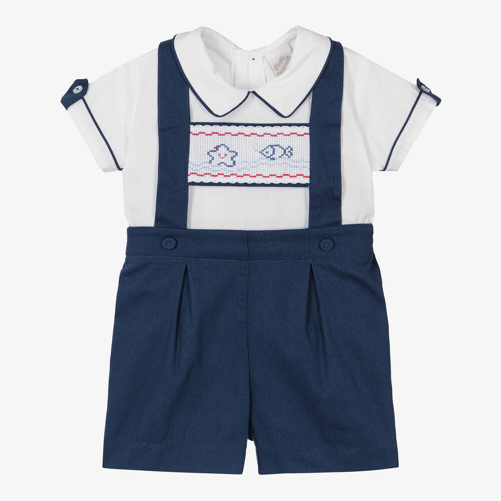 Pretty Originals-Boys Blue Cotton Dungaree Shorts Set | Childrensalon Outlet