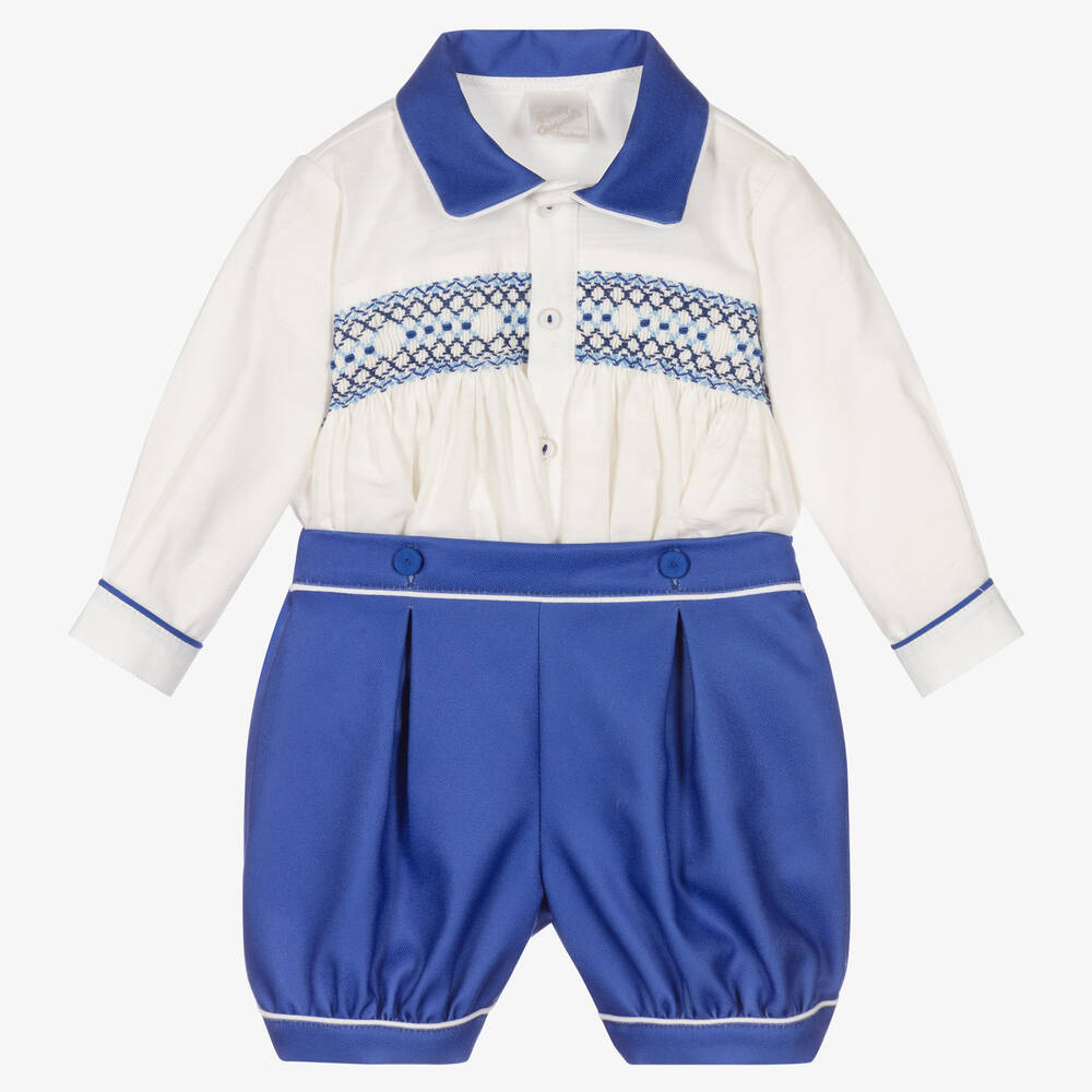 Pretty Originals - Boys Blue Smocked Buster Suit  | Childrensalon