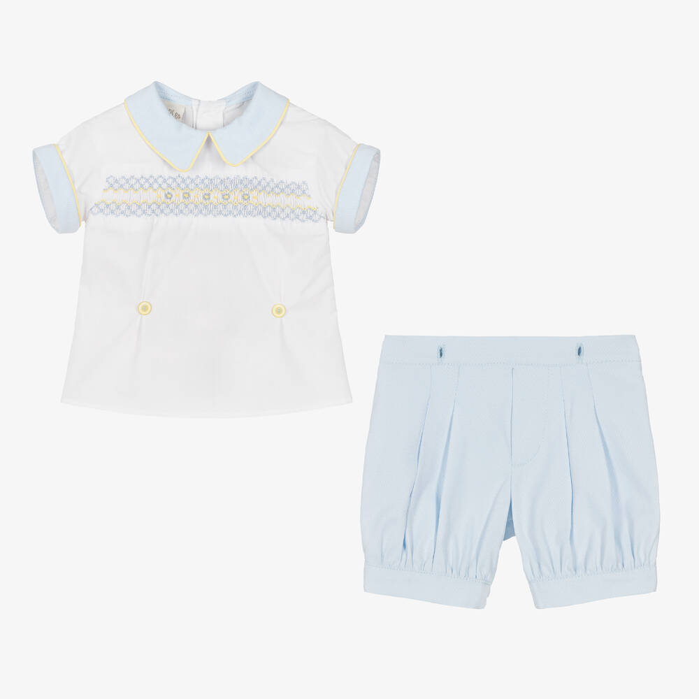 بريتي أوريجينال-بِدلة رسمية مطرزة سموكينغ مزيج قطن لون أبيض وأزرق | Childrensalon Outlet