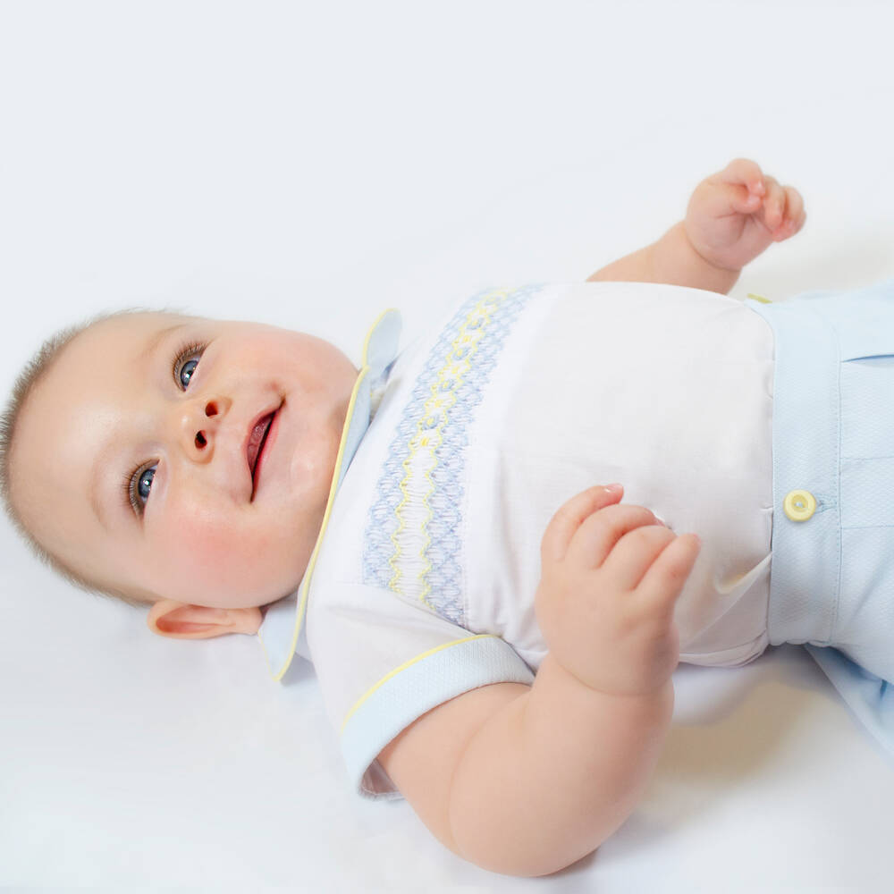 بريتي أوريجينال-بِدلة رسمية مطرزة سموكينغ مزيج قطن لون أبيض وأزرق | Childrensalon Outlet