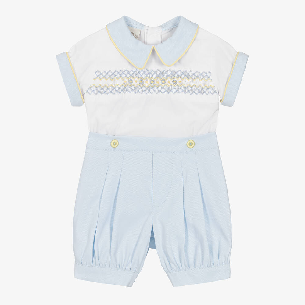 بريتي أوريجينال-بِدلة رسمية مطرزة سموكينغ مزيج قطن لون أبيض وأزرق | Childrensalon Outlet