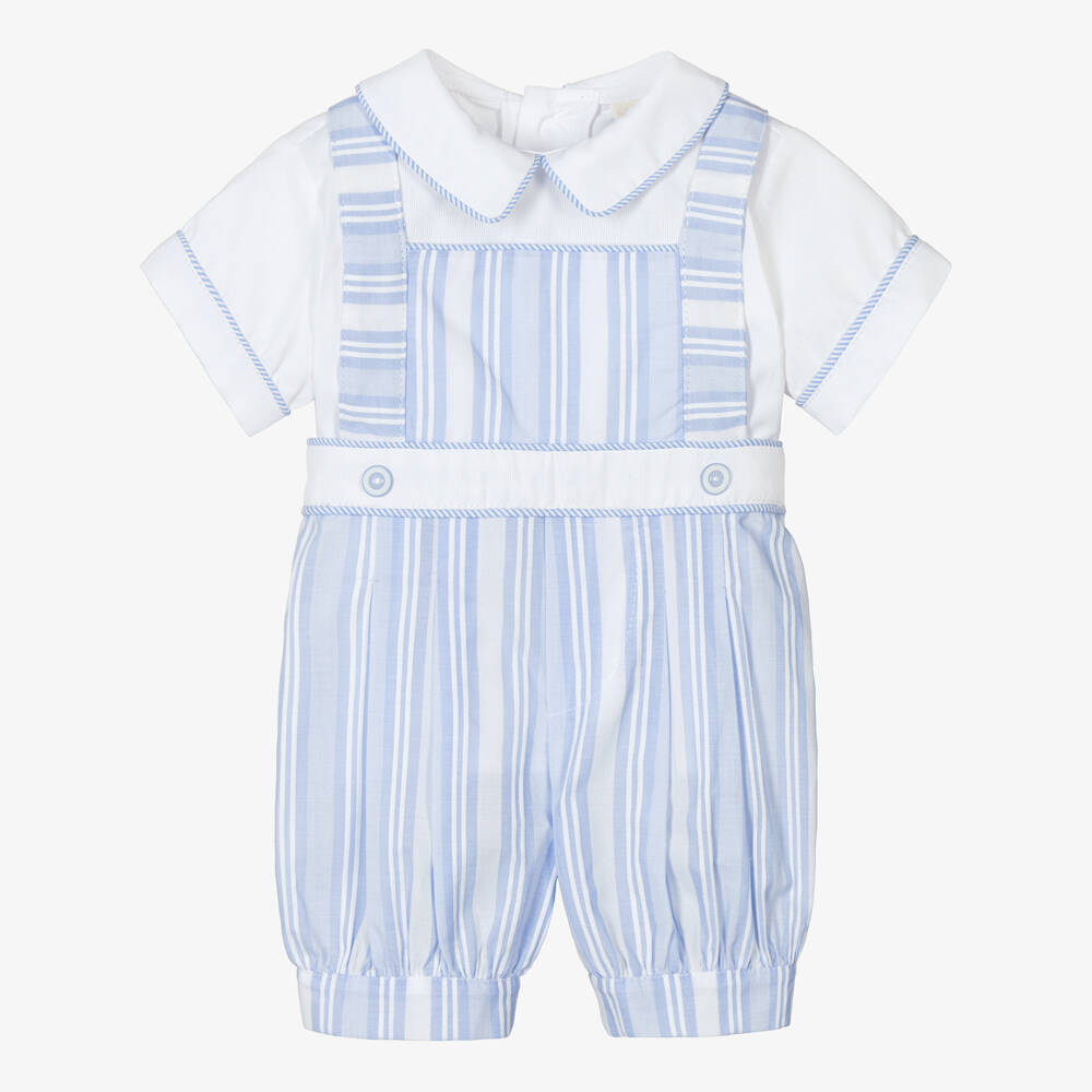 Boys Blue Stripe Romper with Tan Collar and Pocket by Me & Henry