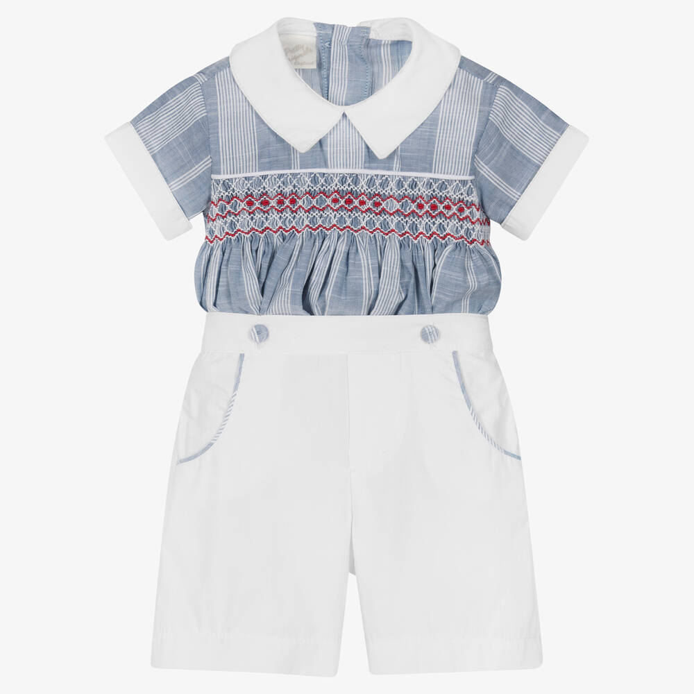 Pretty Originals - Boys Blue Striped Cotton Buster Suit | Childrensalon