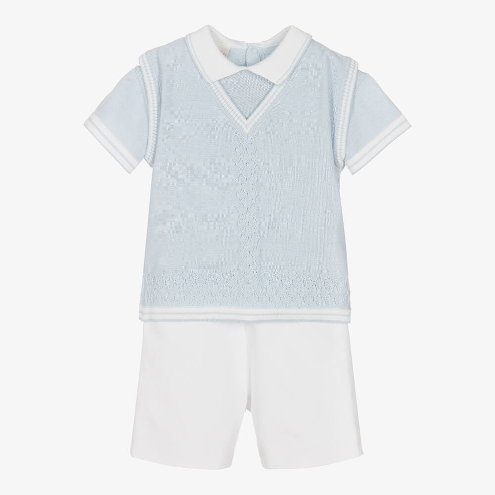 Pretty Originals-Boys Blue & White Cotton Shorts Set | Childrensalon Outlet