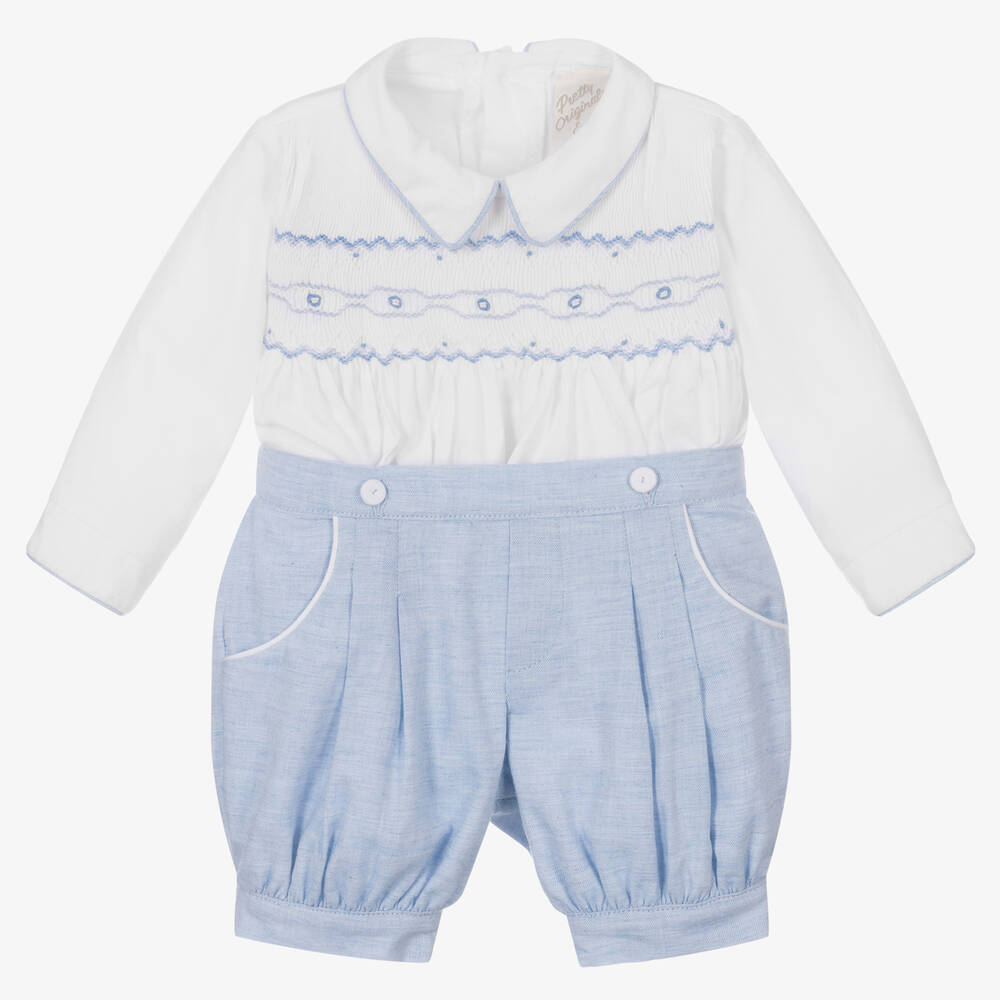 Pretty Originals - Ensemble short bleu et blanc smocké | Childrensalon