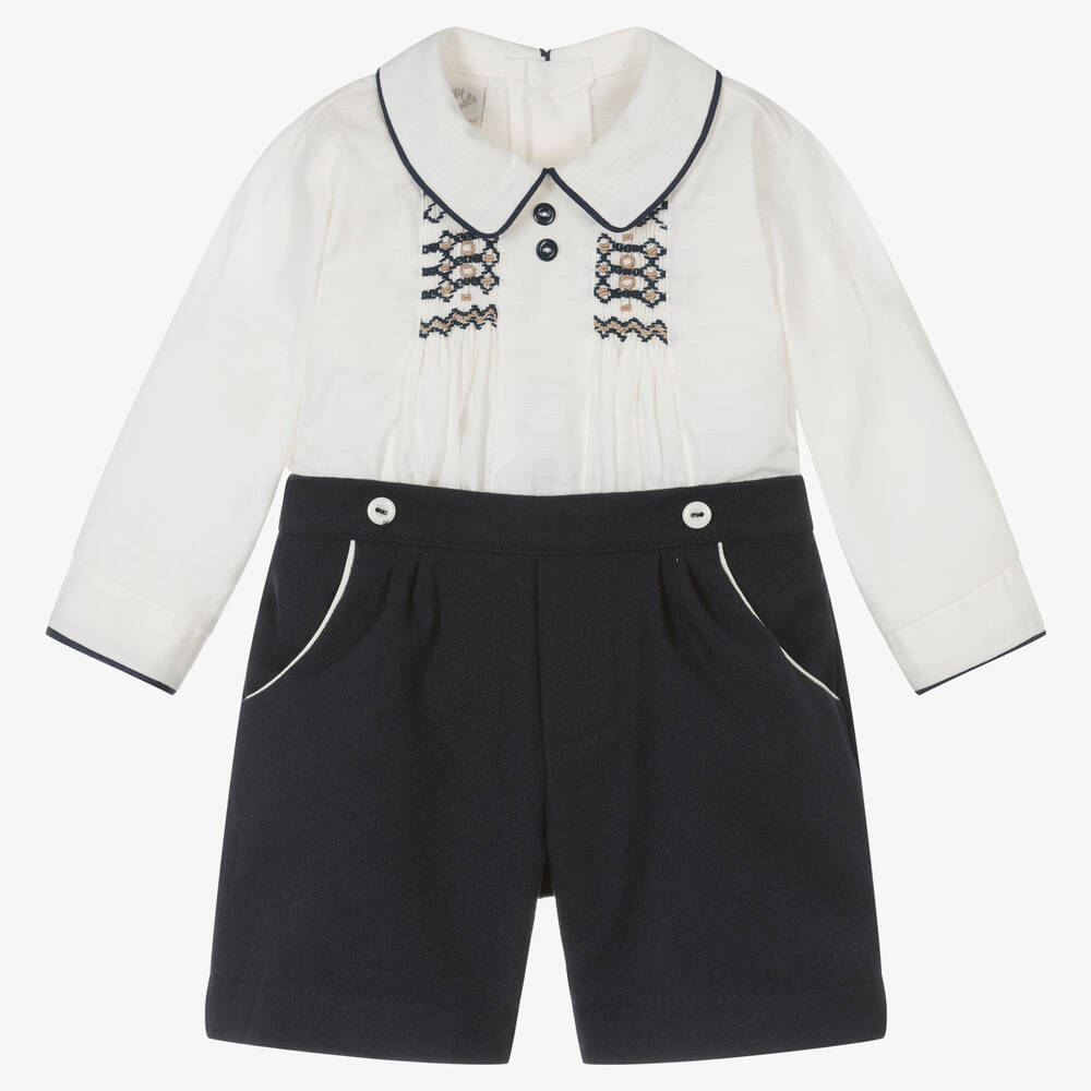 Pretty Originals - Ensemble short bleu et blanc smocké | Childrensalon