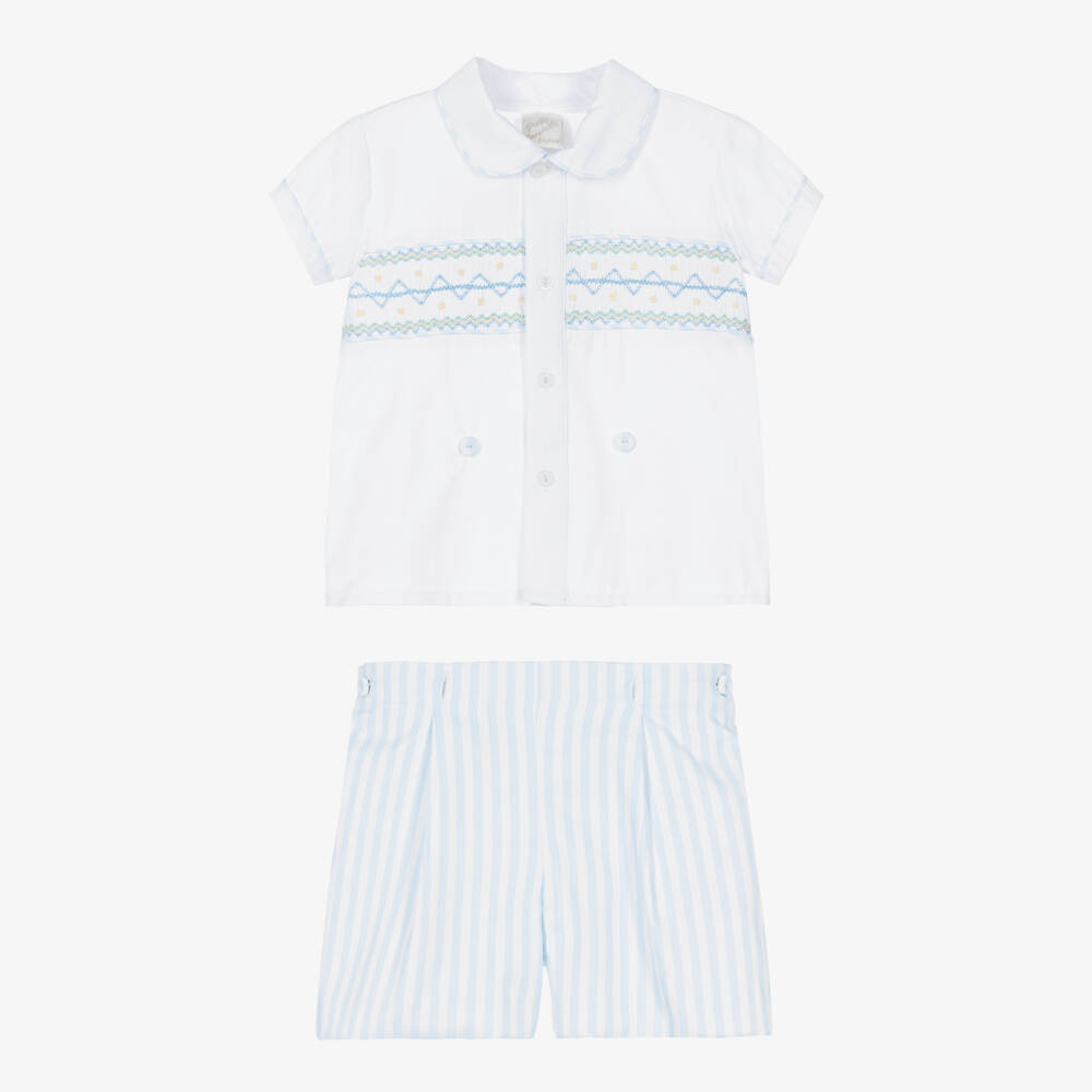 Pretty Originals-Boys Blue & White Striped Cotton Hand-Smocked Buster Suit | Childrensalon Outlet