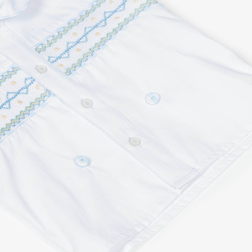 Pretty Originals-Boys Blue & White Striped Cotton Hand-Smocked Buster Suit | Childrensalon Outlet