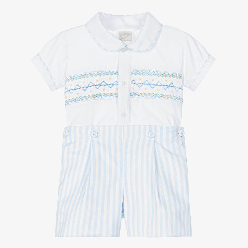 Pretty Originals-Boys Blue & White Striped Cotton Hand-Smocked Buster Suit | Childrensalon Outlet