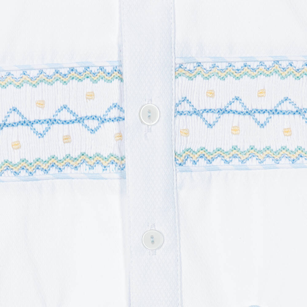 Pretty Originals-Boys Blue & White Striped Cotton Hand-Smocked Buster Suit | Childrensalon Outlet