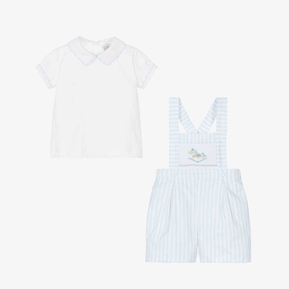 Pretty Originals-Boys Blue & White Striped Cotton Hand-Smocked Dungaree Set | Childrensalon Outlet
