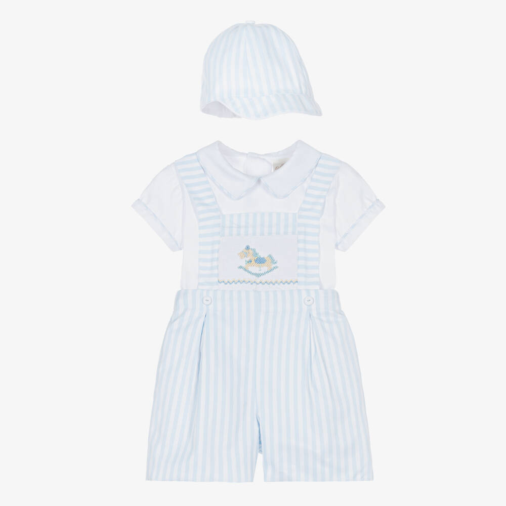 Pretty Originals-Boys Blue & White Striped Cotton Hand-Smocked Dungaree Set | Childrensalon Outlet