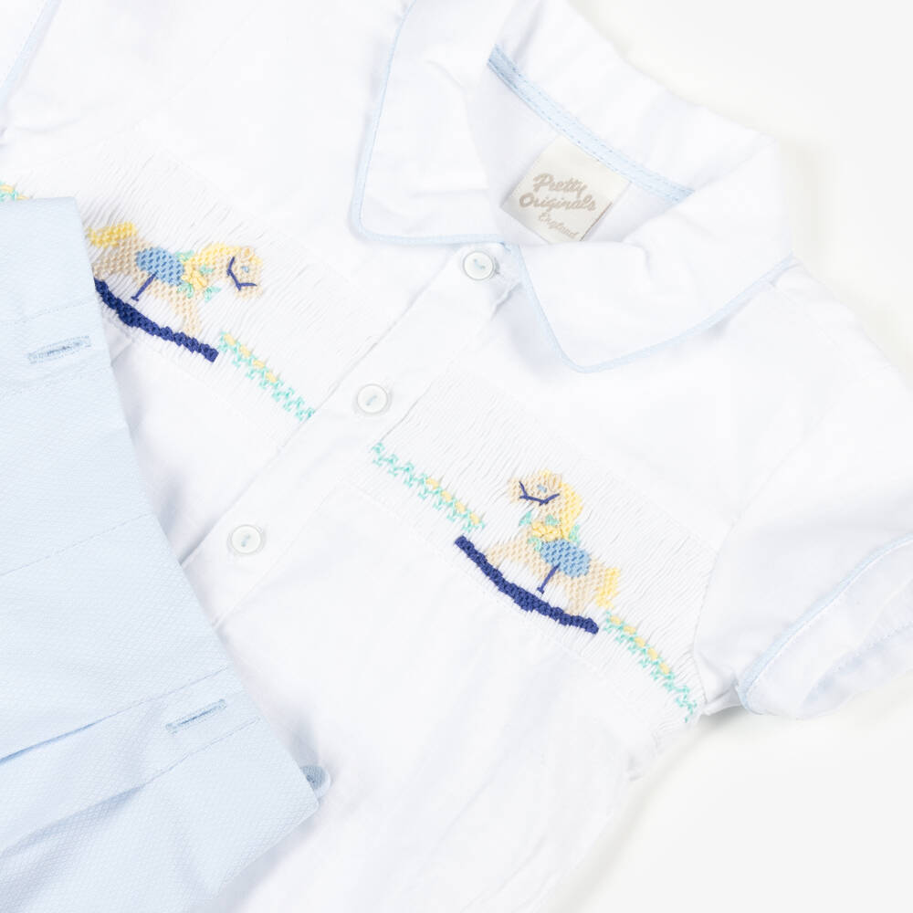 Pretty Originals-Boys Classic Blue & White Smocked Suit | Childrensalon Outlet