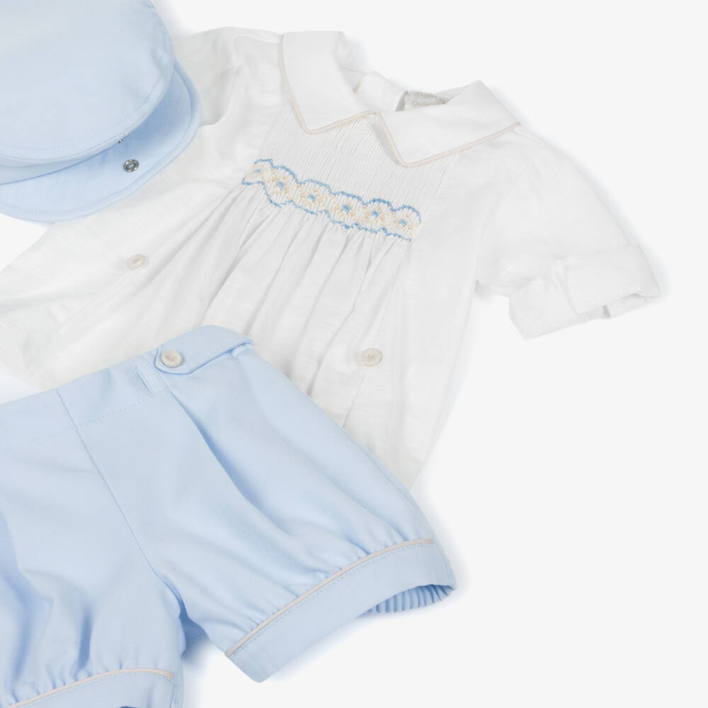 Pretty Originals-Boys Ivory & Blue Buster Suit & Cap Set | Childrensalon Outlet