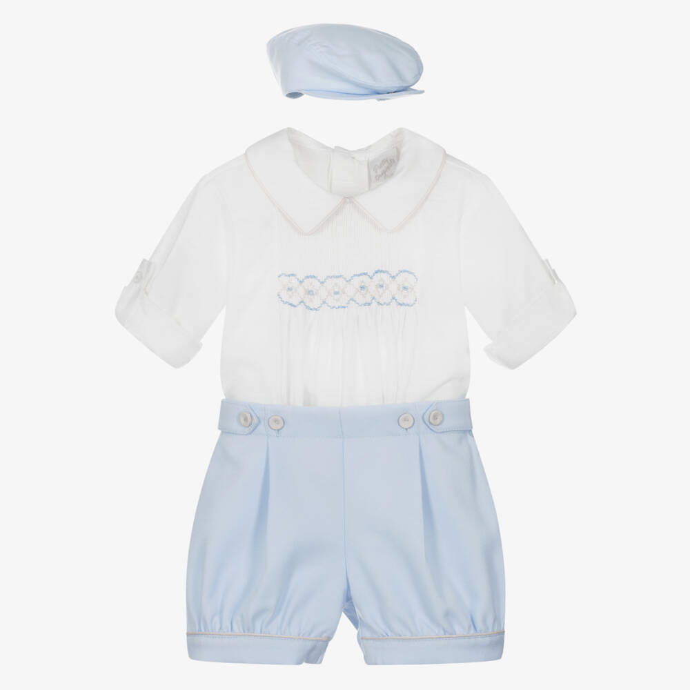 Pretty Originals-Boys Ivory & Blue Buster Suit & Cap Set | Childrensalon Outlet