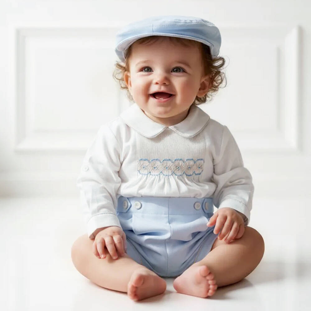 Pretty Originals-Boys Ivory & Blue Buster Suit & Cap Set | Childrensalon Outlet